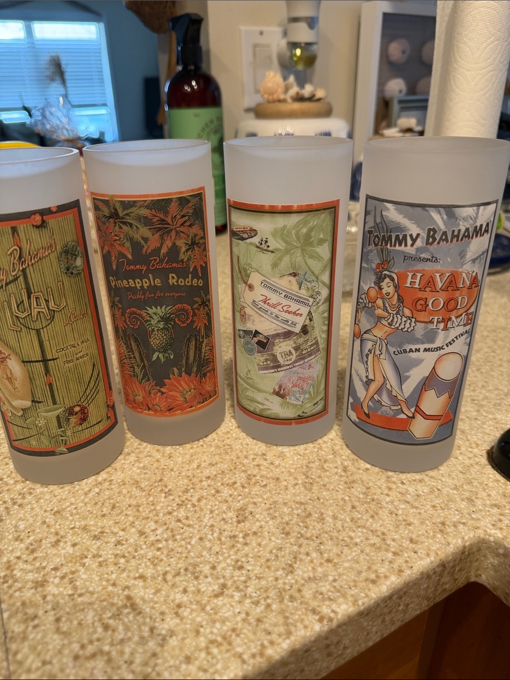 Tommy Bahama Frosted Glass Set with Orange, Green and Gray Tropical Labels